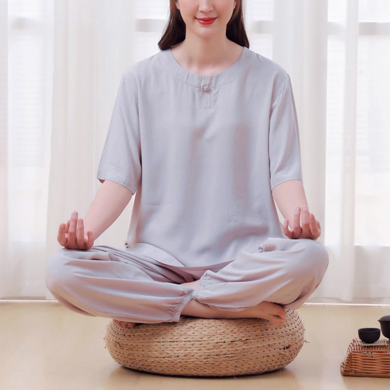 Buddha Stones - Conjunto unisex de 2 piezas de camiseta de media manga y pantalones de meditación Zen Tai Chi de algodón y lino