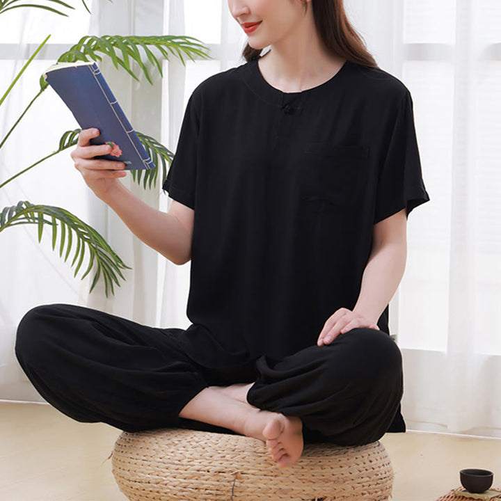 Buddha Stones - Conjunto unisex de 2 piezas de camiseta de media manga y pantalones de meditación Zen Tai Chi de algodón y lino