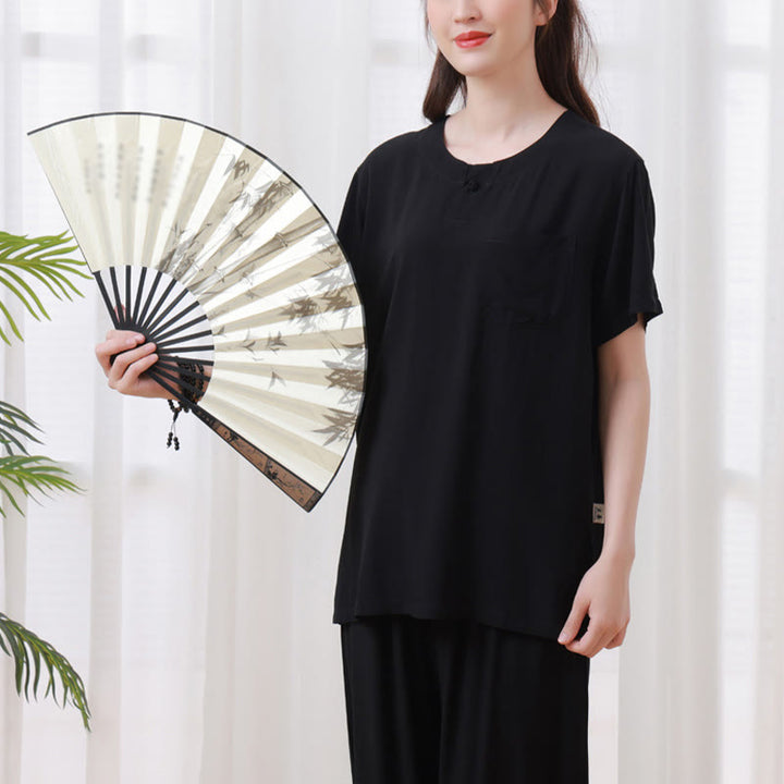 Buddha Stones - Conjunto unisex de 2 piezas de camiseta de media manga y pantalones de meditación Zen Tai Chi de algodón y lino