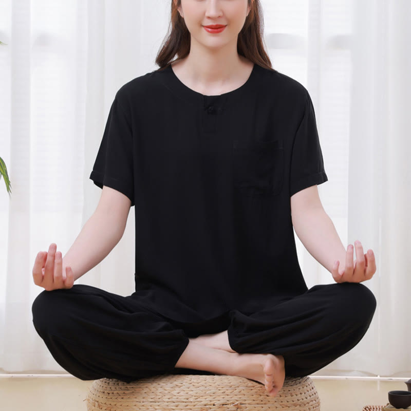 Buddha Stones - Conjunto unisex de 2 piezas de camiseta de media manga y pantalones de meditación Zen Tai Chi de algodón y lino