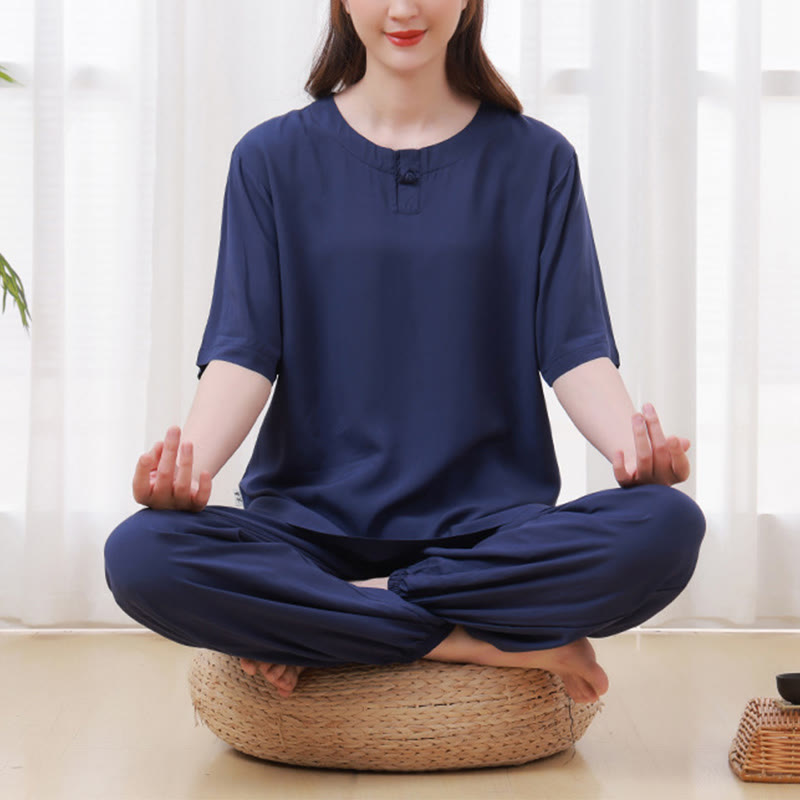 Buddha Stones - Conjunto unisex de 2 piezas de camiseta de media manga y pantalones de meditación Zen Tai Chi de algodón y lino