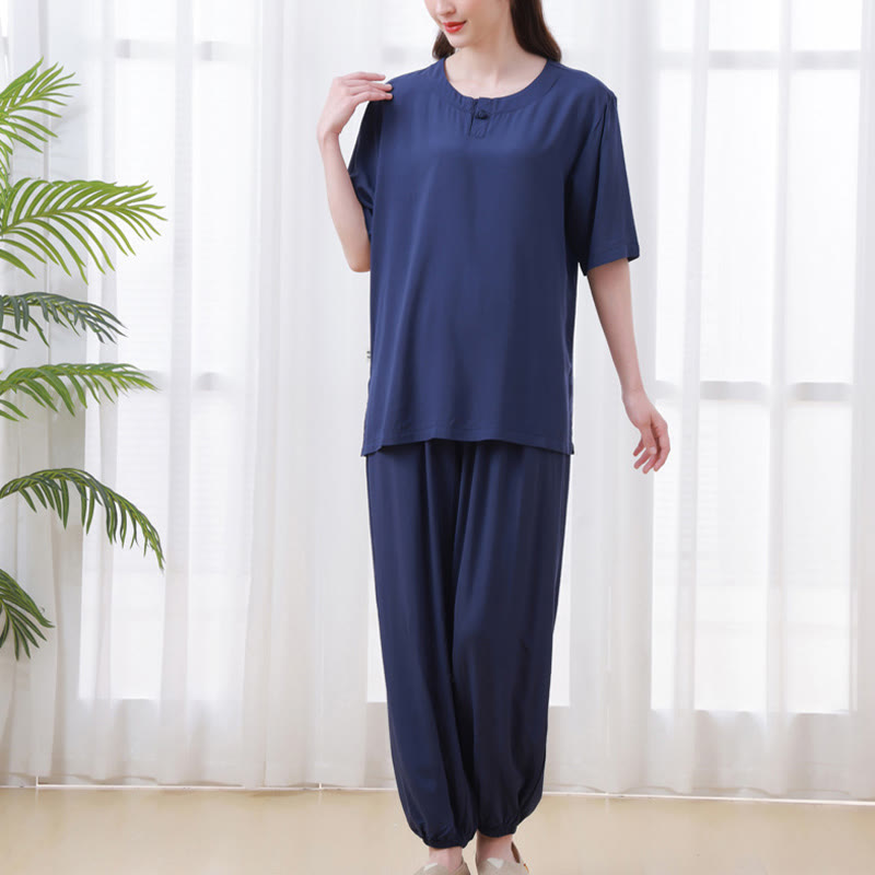 Buddha Stones - Conjunto unisex de 2 piezas de camiseta de media manga y pantalones de meditación Zen Tai Chi de algodón y lino