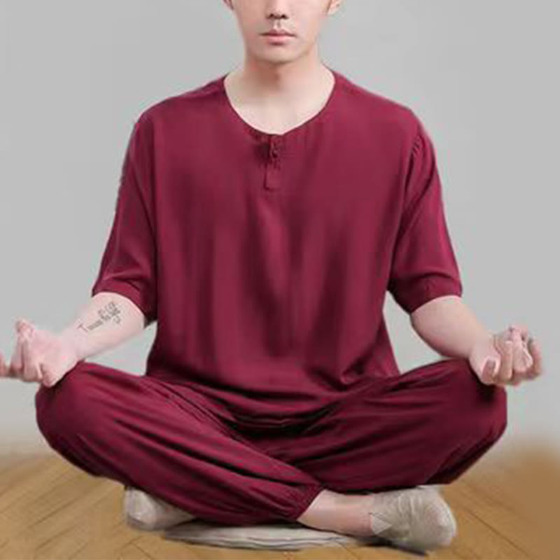 Buddha Stones - Conjunto unisex de 2 piezas de camiseta de media manga y pantalones de meditación Zen Tai Chi de algodón y lino - Rojo oscuro (Top y pantalón) - US14, UK/AU18, EU46 (4XL) - image 21