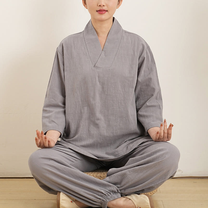 Conjunto de ropa de lino y algodón para mujer , camisa de manga tres cuartos con cuello en V y pantalones de meditación Zen Tai Chi, 2 uds. - Gris (Top y pantalón) - US12，UK/AU16，EU44 (XL) - image 0