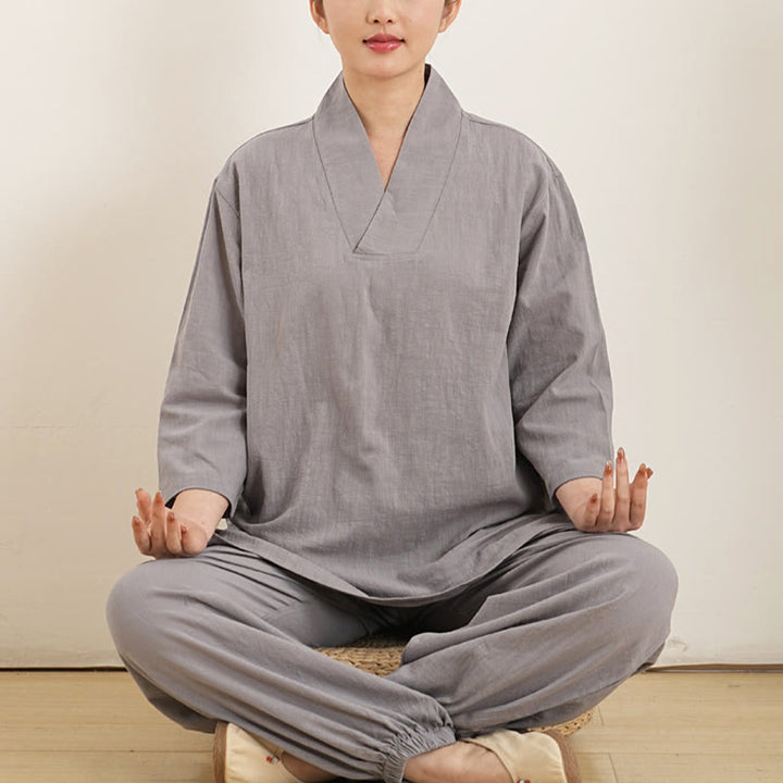 Conjunto de ropa de lino y algodón para mujer , camisa de manga tres cuartos con cuello en V y pantalones de meditación Zen Tai Chi, 2 uds. - Gris (Top y pantalón) - US12，UK/AU16，EU44 (XL) - image 0