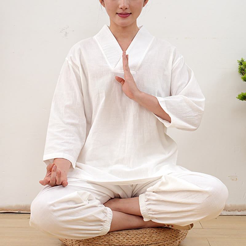 Conjunto de ropa de lino y algodón para mujer , camisa de manga tres cuartos con cuello en V y pantalones de meditación Zen Tai Chi, 2 uds.