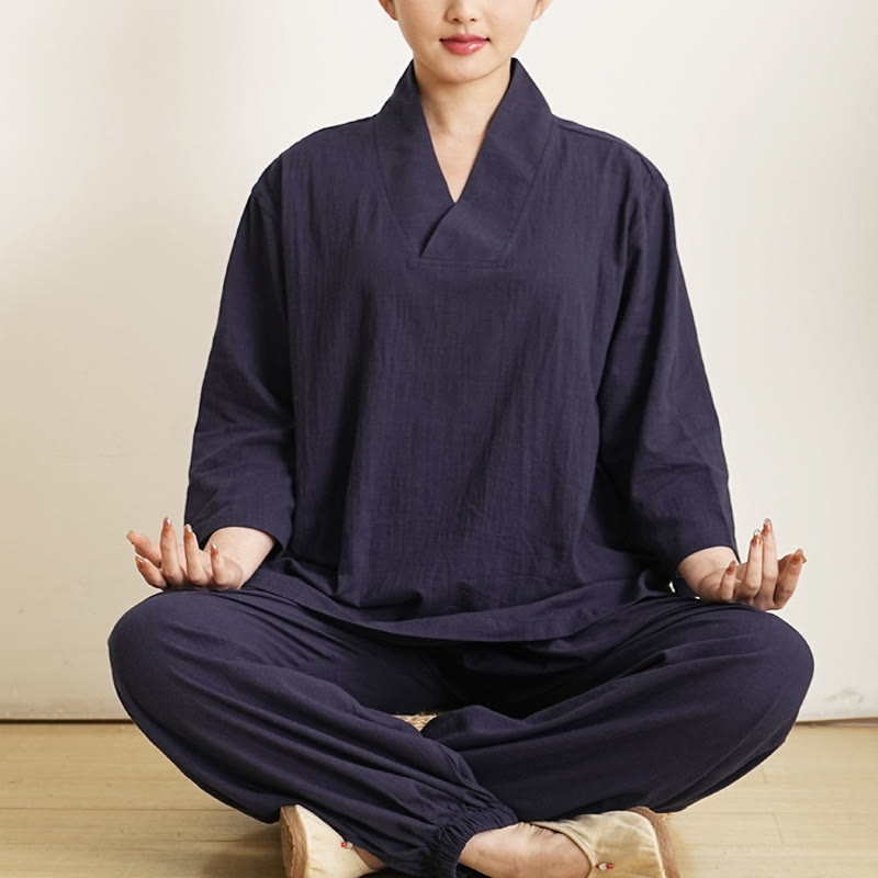 Conjunto de ropa de lino y algodón para mujer , camisa de manga tres cuartos con cuello en V y pantalones de meditación Zen Tai Chi, 2 uds. - Azul marino (Top y pantalón) - US12，UK/AU16，EU44 (XL) - image 7