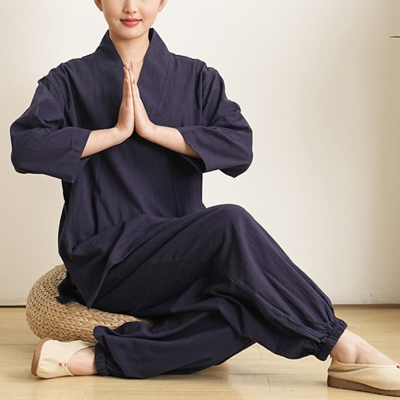 Conjunto de ropa de lino y algodón para mujer , camisa de manga tres cuartos con cuello en V y pantalones de meditación Zen Tai Chi, 2 uds.