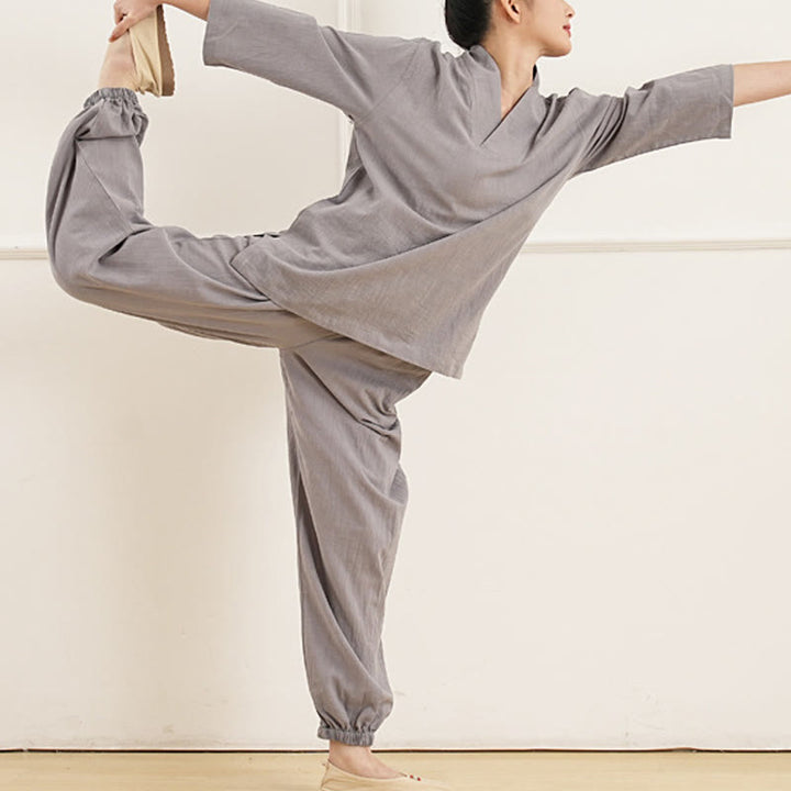 Conjunto de ropa de lino y algodón para mujer , camisa de manga tres cuartos con cuello en V y pantalones de meditación Zen Tai Chi, 2 uds.
