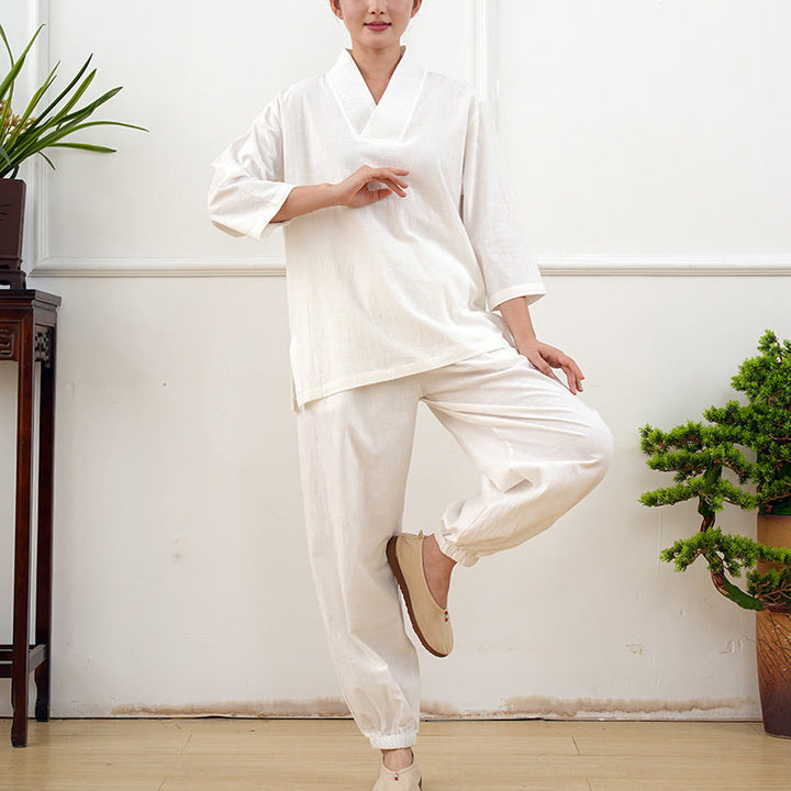 Conjunto de ropa de lino y algodón para mujer , camisa de manga tres cuartos con cuello en V y pantalones de meditación Zen Tai Chi, 2 uds.
