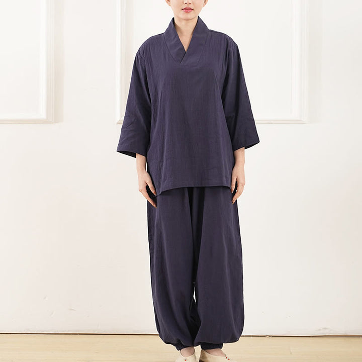 Conjunto de ropa de lino y algodón para mujer , camisa de manga tres cuartos con cuello en V y pantalones de meditación Zen Tai Chi, 2 uds.