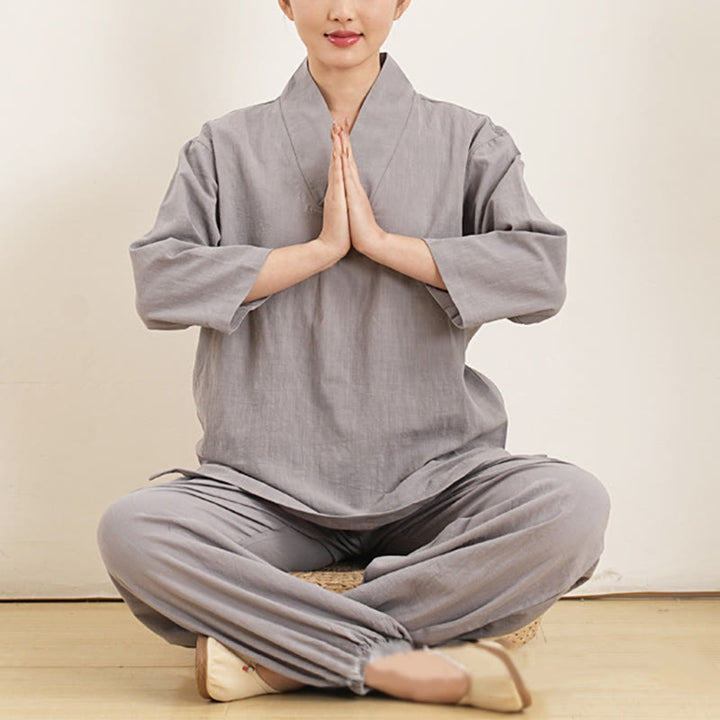 Conjunto de ropa de lino y algodón para mujer , camisa de manga tres cuartos con cuello en V y pantalones de meditación Zen Tai Chi, 2 uds.