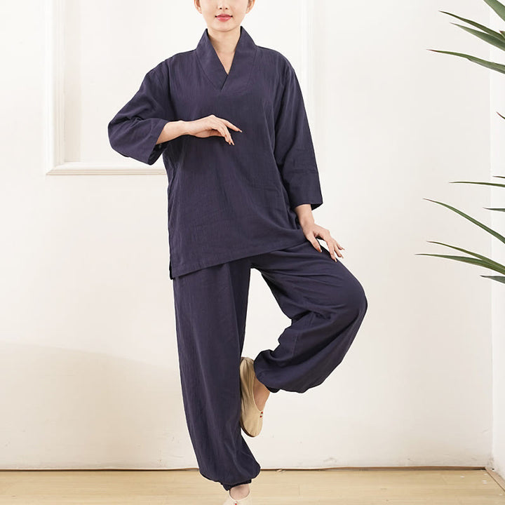 Conjunto de ropa de lino y algodón para mujer , camisa de manga tres cuartos con cuello en V y pantalones de meditación Zen Tai Chi, 2 uds.