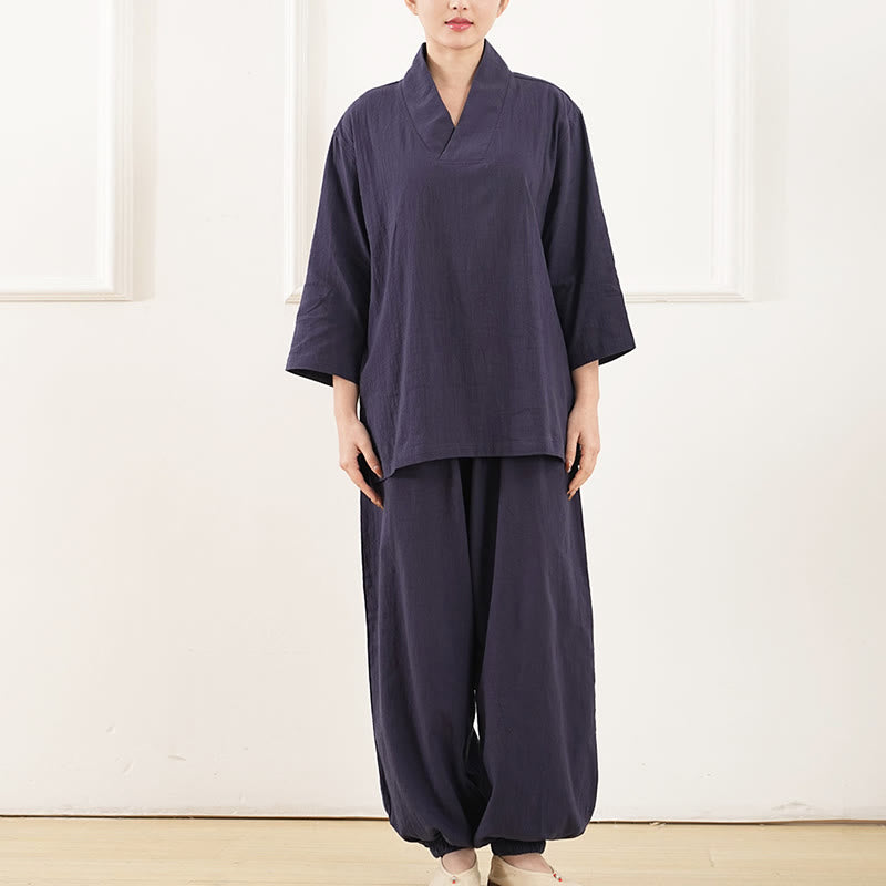 Conjunto de ropa de lino y algodón para mujer , camisa de manga tres cuartos con cuello en V y pantalones de meditación Zen Tai Chi, 2 uds. - image 9