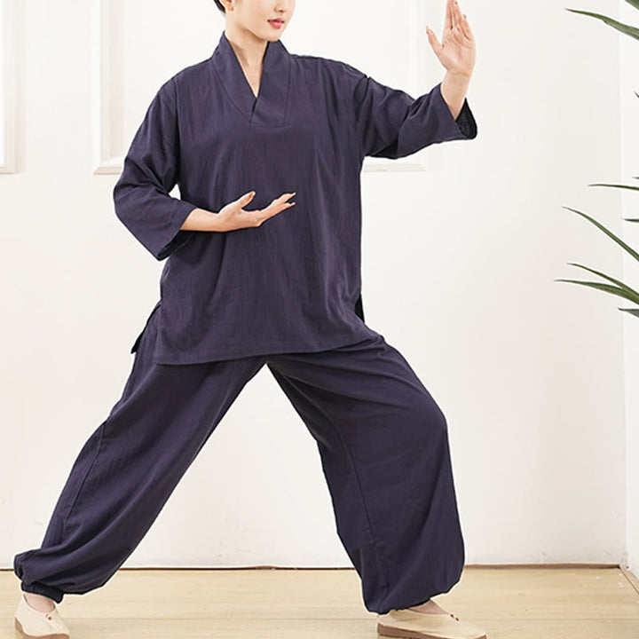 Conjunto de ropa de lino y algodón para mujer , camisa de manga tres cuartos con cuello en V y pantalones de meditación Zen Tai Chi, 2 uds.