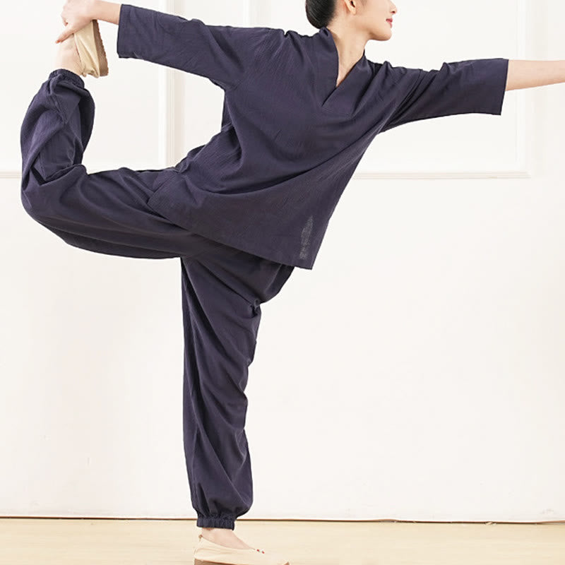Conjunto de ropa de lino y algodón para mujer , camisa de manga tres cuartos con cuello en V y pantalones de meditación Zen Tai Chi, 2 uds.