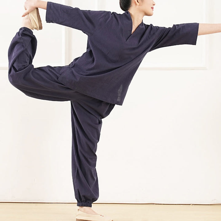 Conjunto de ropa de lino y algodón para mujer , camisa de manga tres cuartos con cuello en V y pantalones de meditación Zen Tai Chi, 2 uds.