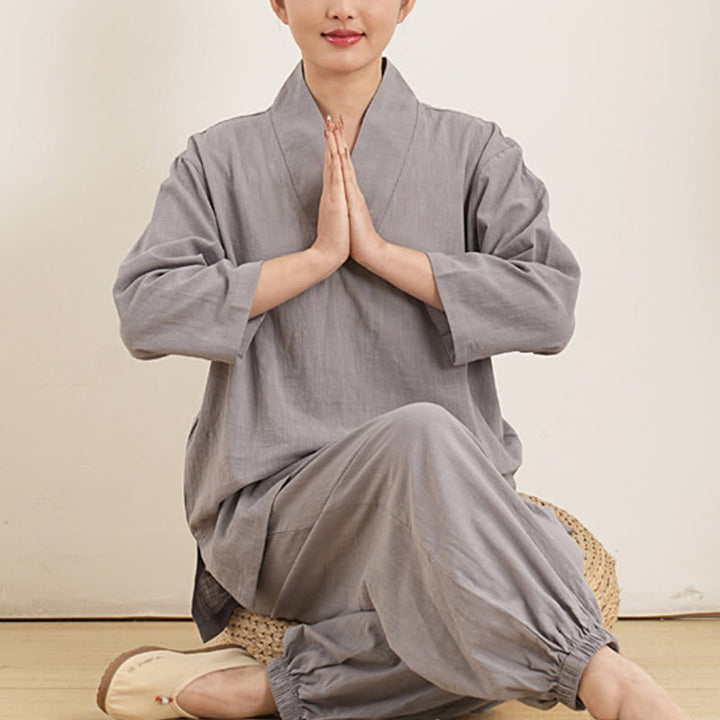 Conjunto de ropa de lino y algodón para mujer , camisa de manga tres cuartos con cuello en V y pantalones de meditación Zen Tai Chi, 2 uds.