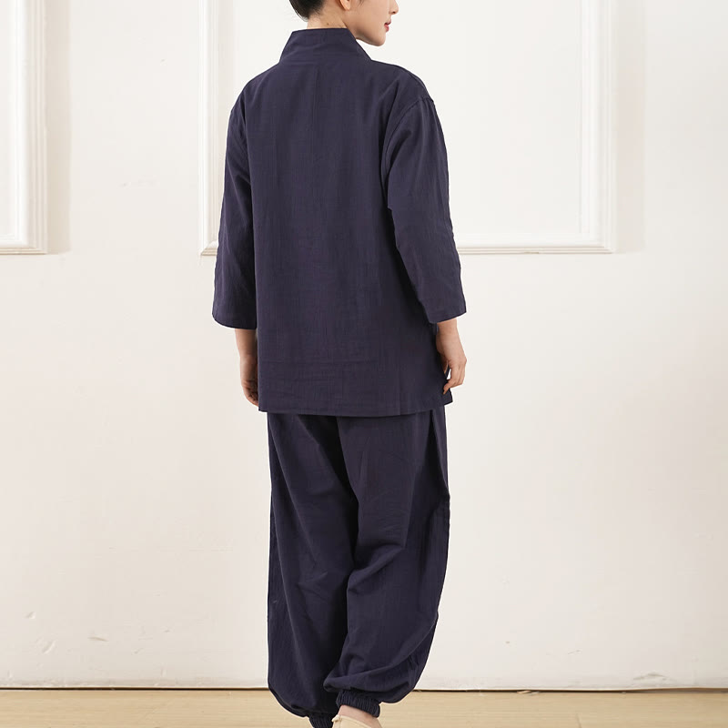 Conjunto de ropa de lino y algodón para mujer , camisa de manga tres cuartos con cuello en V y pantalones de meditación Zen Tai Chi, 2 uds.