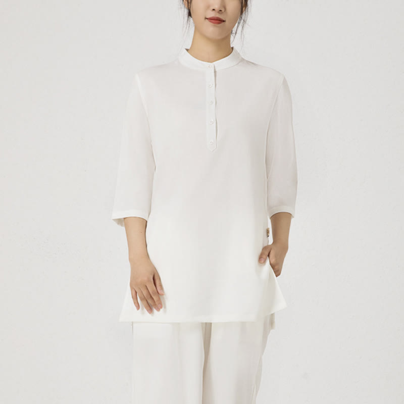 Conjunto de ropa de lino y algodón para mujer, camisa de manga tres cuartos con botones, Top, pantalones, meditación Zen, Tai Chi, Buddha Stones.