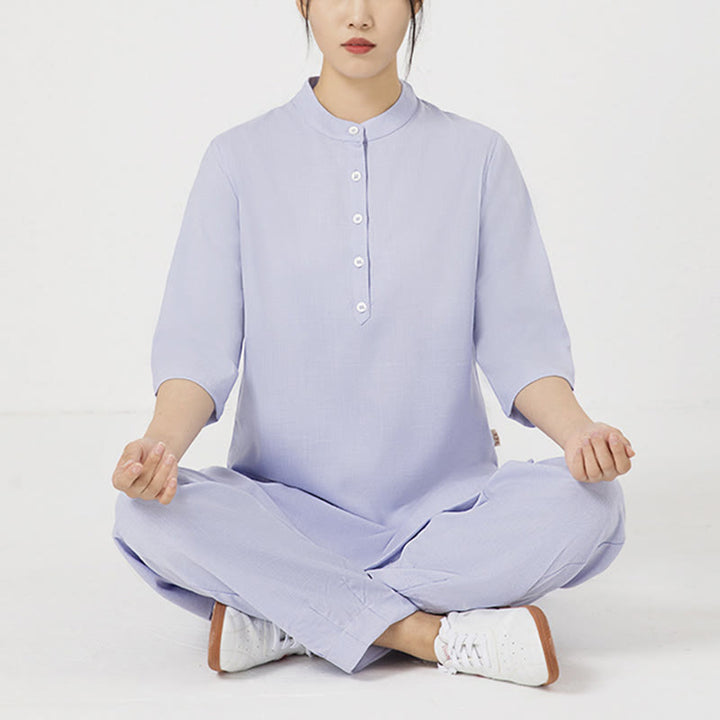 Conjunto de ropa de lino y algodón para mujer, camisa de manga tres cuartos con botones, Top, pantalones, meditación Zen, Tai Chi, Buddha Stones.