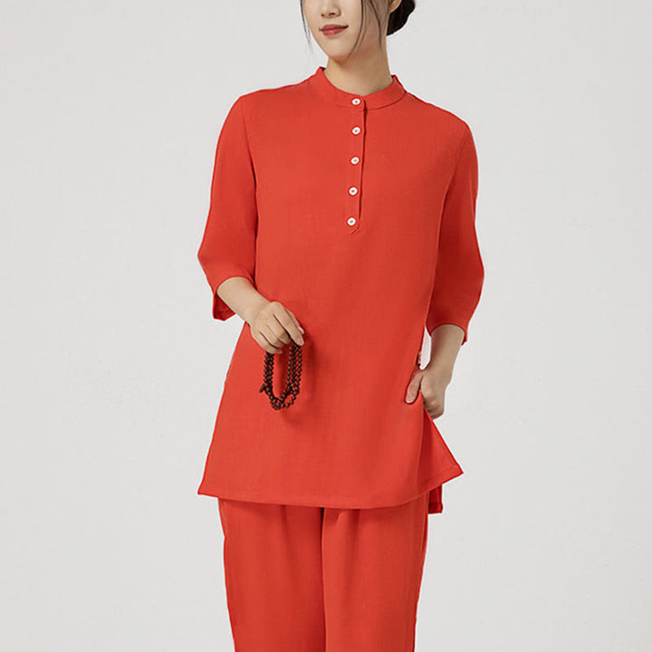 Conjunto de ropa de lino y algodón para mujer, camisa de manga tres cuartos con botones, Top, pantalones, meditación Zen, Tai Chi, Buddha Stones.