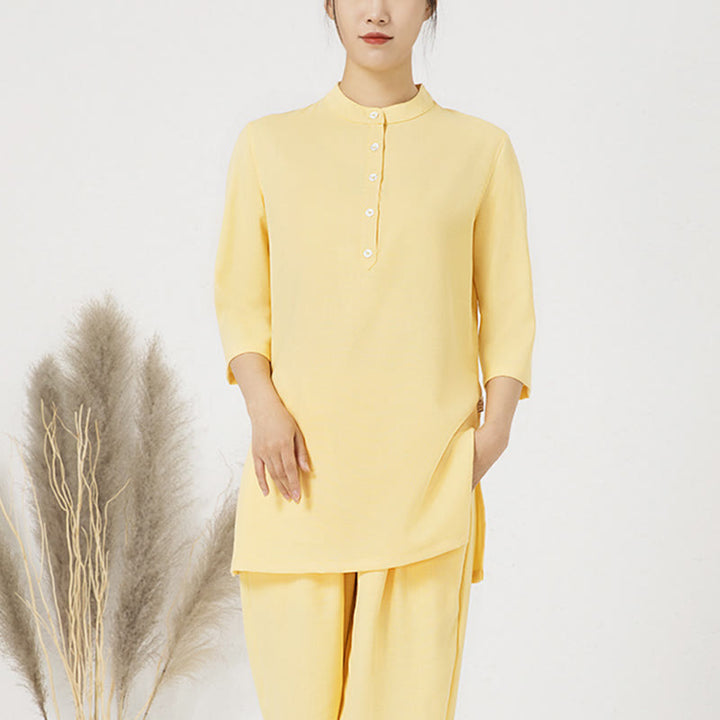 Conjunto de ropa de lino y algodón para mujer, camisa de manga tres cuartos con botones, Top, pantalones, meditación Zen, Tai Chi, Buddha Stones.