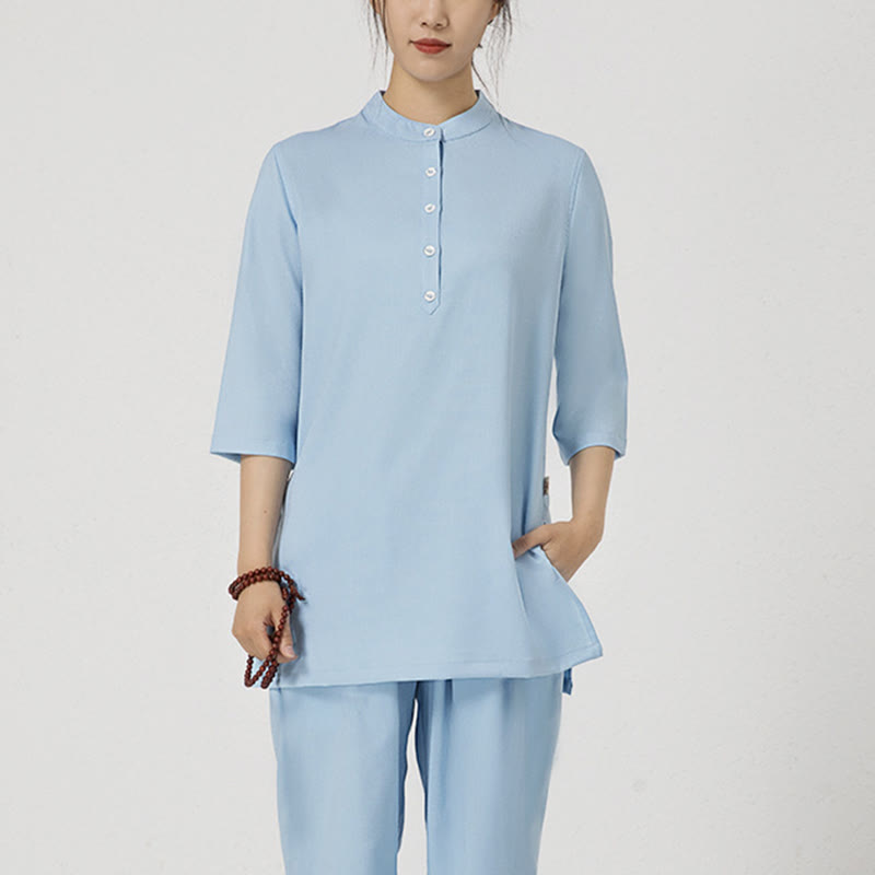 Conjunto de ropa de lino y algodón para mujer, camisa de manga tres cuartos con botones, Top, pantalones, meditación Zen, Tai Chi, Buddha Stones.