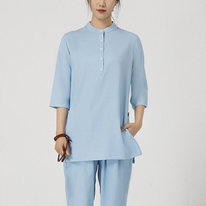 Conjunto de ropa de lino y algodón para mujer, camisa de manga tres cuartos con botones, Top, pantalones, meditación Zen, Tai Chi, Buddha Stones.