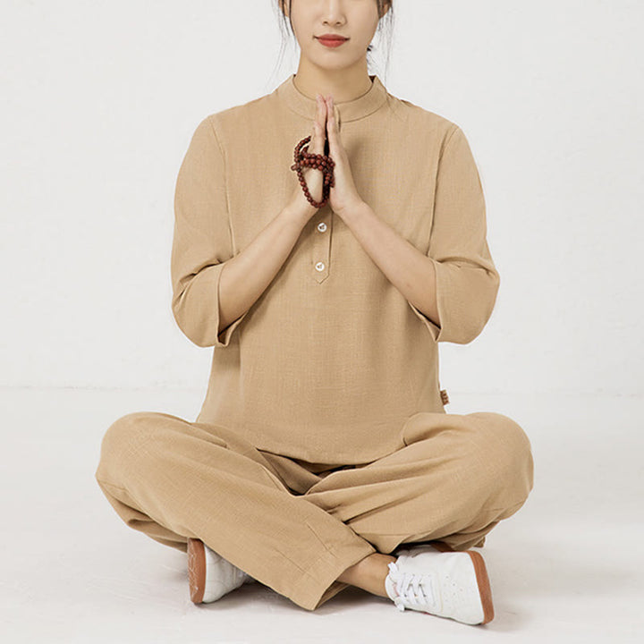 Conjunto de ropa de lino y algodón para mujer, camisa de manga tres cuartos con botones, Top, pantalones, meditación Zen, Tai Chi, Buddha Stones.