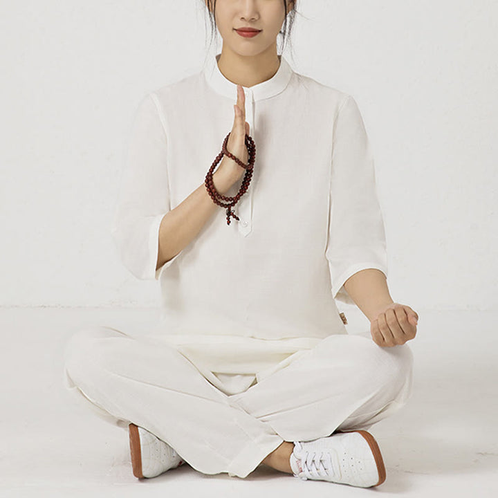 Conjunto de ropa de lino y algodón para mujer, camisa de manga tres cuartos con botones, Top, pantalones, meditación Zen, Tai Chi, Buddha Stones.