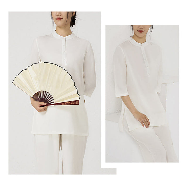 Conjunto de ropa de lino y algodón para mujer, camisa de manga tres cuartos con botones, Top, pantalones, meditación Zen, Tai Chi, Buddha Stones.