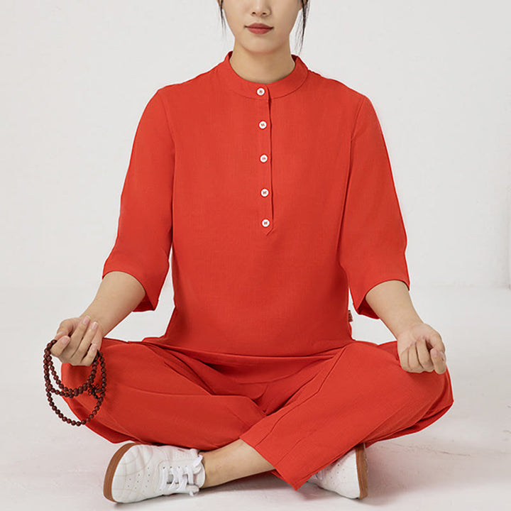 Conjunto de ropa de lino y algodón para mujer, camisa de manga tres cuartos con botones, Top, pantalones, meditación Zen, Tai Chi, Buddha Stones.