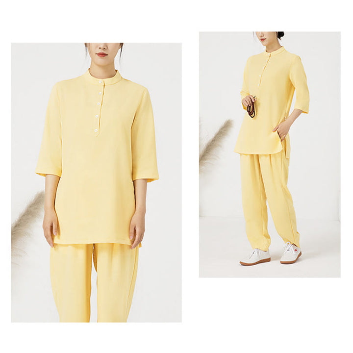 Conjunto de ropa de lino y algodón para mujer, camisa de manga tres cuartos con botones, Top, pantalones, meditación Zen, Tai Chi, Buddha Stones.