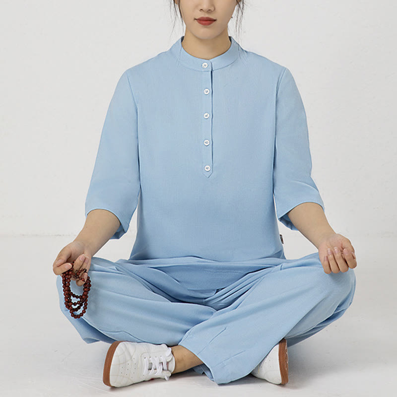 Conjunto de ropa de lino y algodón para mujer, camisa de manga tres cuartos con botones, Top, pantalones, meditación Zen, Tai Chi, Buddha Stones.