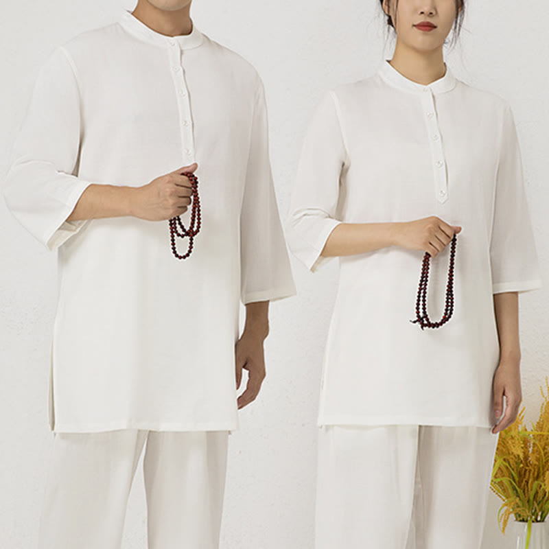 Conjunto de ropa de lino y algodón para mujer, camisa de manga tres cuartos con botones, Top, pantalones, meditación Zen, Tai Chi, Buddha Stones.