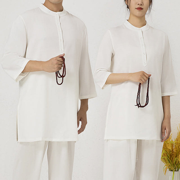 Conjunto de ropa de lino y algodón para mujer, camisa de manga tres cuartos con botones, Top, pantalones, meditación Zen, Tai Chi, Buddha Stones.
