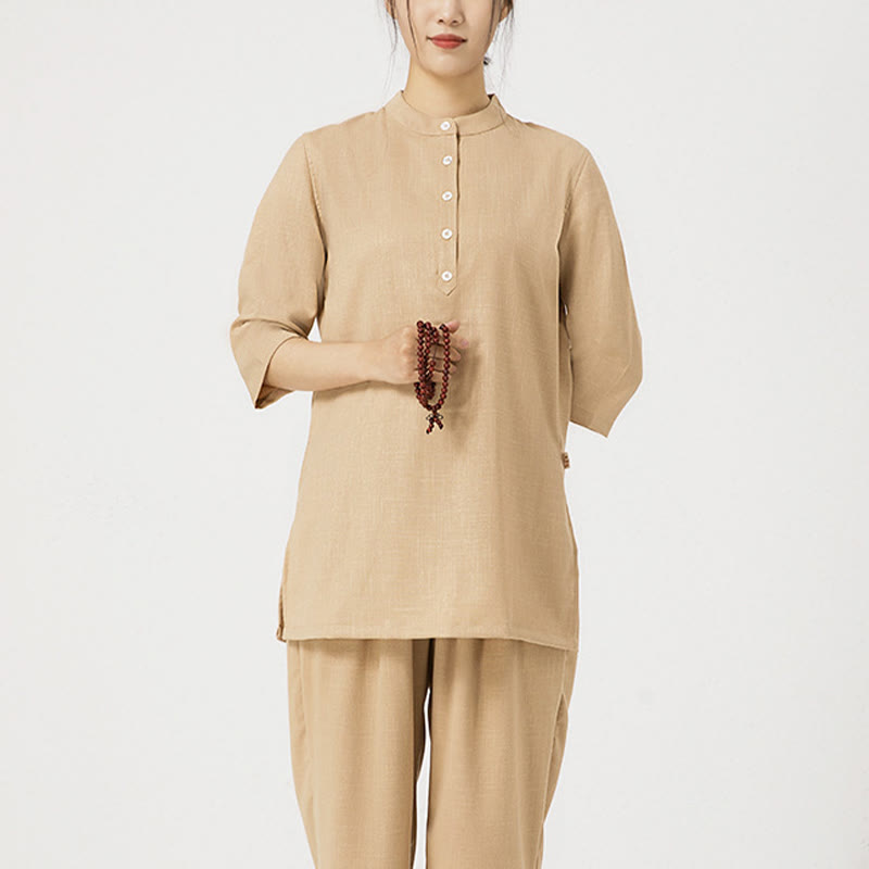 Conjunto de ropa de lino y algodón para mujer, camisa de manga tres cuartos con botones, Top, pantalones, meditación Zen, Tai Chi, Buddha Stones.