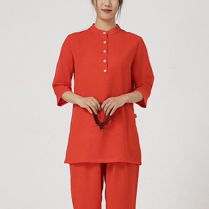 Conjunto de ropa de lino y algodón para mujer, camisa de manga tres cuartos con botones, Top, pantalones, meditación Zen, Tai Chi, Buddha Stones.