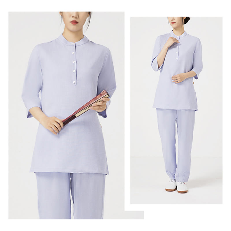 Conjunto de ropa de lino y algodón para mujer, camisa de manga tres cuartos con botones, Top, pantalones, meditación Zen, Tai Chi, Buddha Stones.