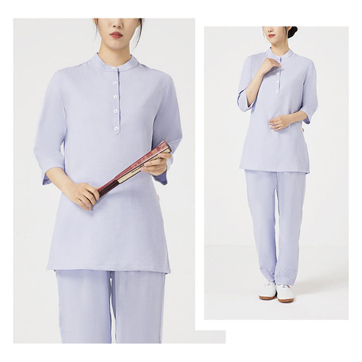 Conjunto de ropa de lino y algodón para mujer, camisa de manga tres cuartos con botones, Top, pantalones, meditación Zen, Tai Chi, Buddha Stones.