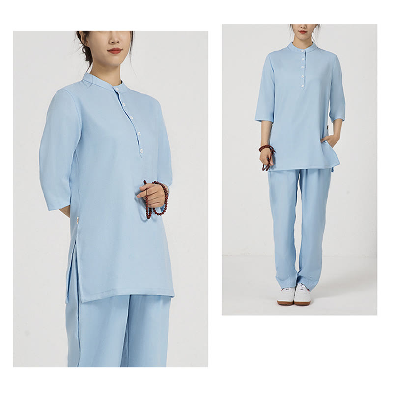 Conjunto de ropa de lino y algodón para mujer, camisa de manga tres cuartos con botones, Top, pantalones, meditación Zen, Tai Chi, Buddha Stones.