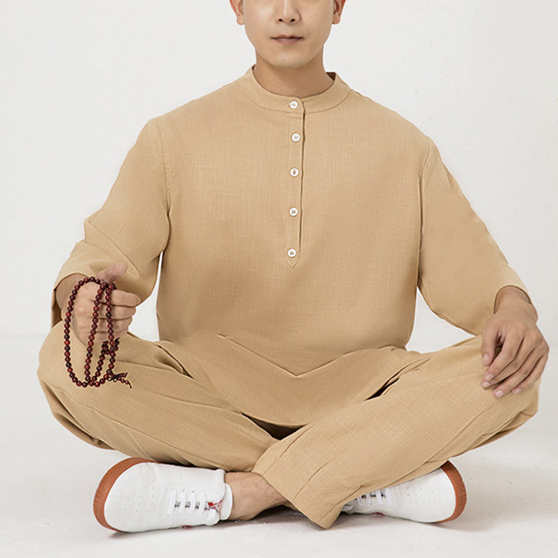 Conjunto de ropa de lino y algodón para hombre, camisa de manga tres cuartos con botones, 2 uds., Buddha Stones, pantalones superiores, meditación Zen Tai Chi