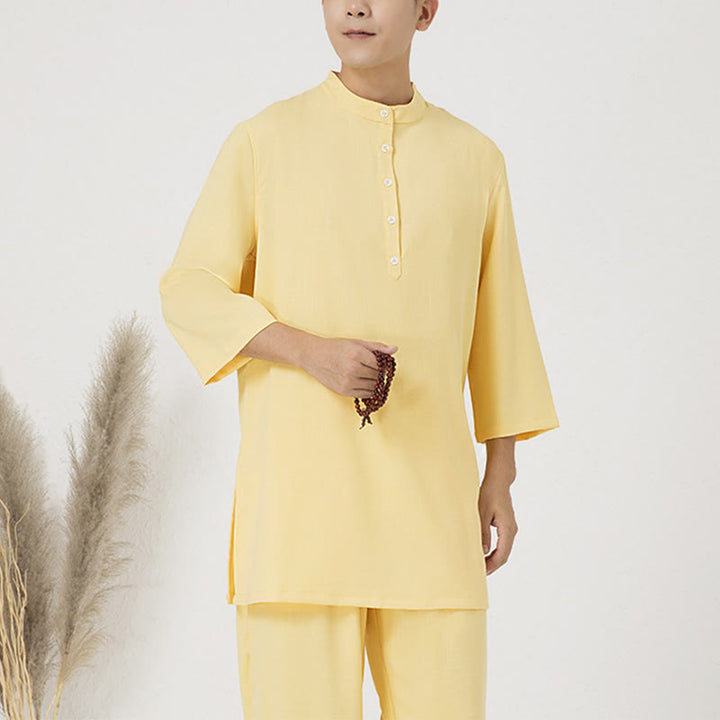 Conjunto de ropa de lino y algodón para hombre, camisa de manga tres cuartos con botones, 2 uds., Buddha Stones, pantalones superiores, meditación Zen Tai Chi - Amarillo (Top y pantalón) - US/UK/AU40, EU50 (2XL) - image 10