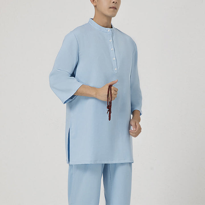 Conjunto de ropa de lino y algodón para hombre, camisa de manga tres cuartos con botones, 2 uds., Buddha Stones, pantalones superiores, meditación Zen Tai Chi - Azul (Top y pantalón) - US/UK/AU40, EU50 (2XL) - image 7