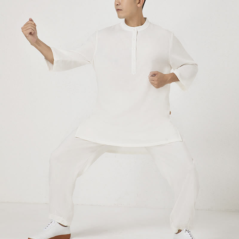 Conjunto de ropa de lino y algodón para hombre, camisa de manga tres cuartos con botones, 2 uds., Buddha Stones, pantalones superiores, meditación Zen Tai Chi