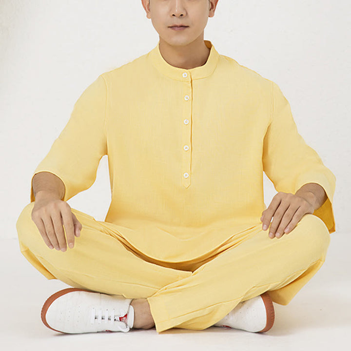 Conjunto de ropa de lino y algodón para hombre, camisa de manga tres cuartos con botones, 2 uds., Buddha Stones, pantalones superiores, meditación Zen Tai Chi