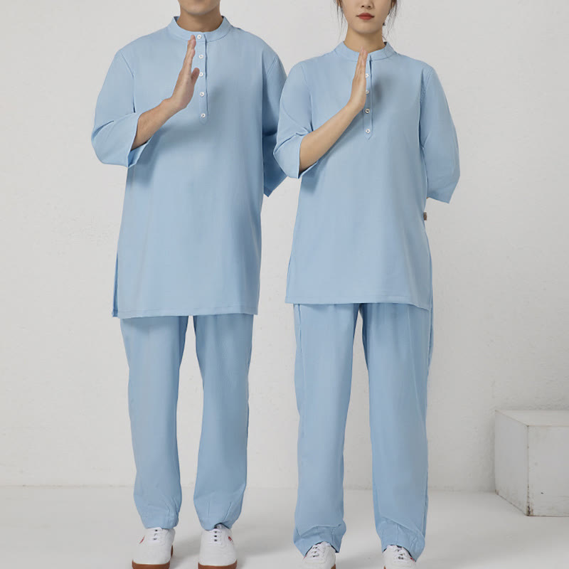 Conjunto de ropa de lino y algodón para hombre, camisa de manga tres cuartos con botones, 2 uds., Buddha Stones, pantalones superiores, meditación Zen Tai Chi