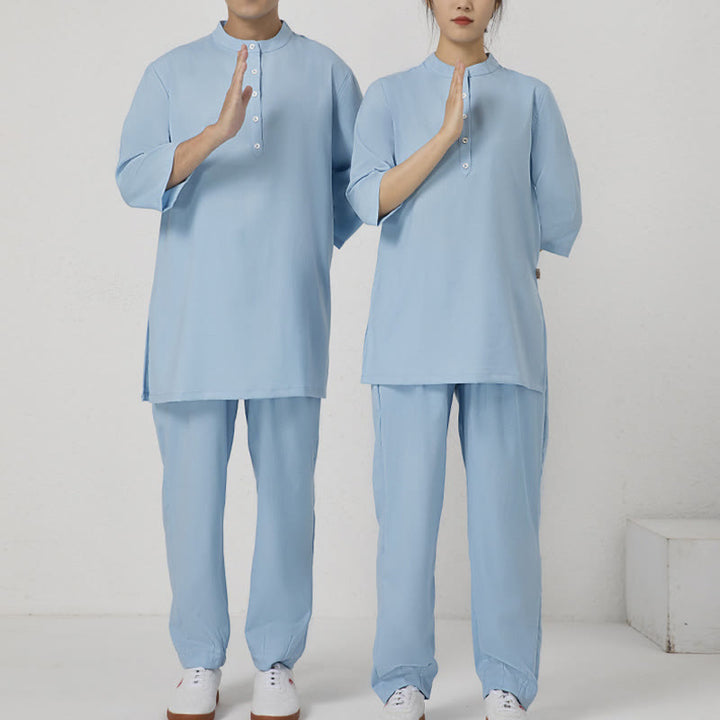 Conjunto de ropa de lino y algodón para hombre, camisa de manga tres cuartos con botones, 2 uds., Buddha Stones, pantalones superiores, meditación Zen Tai Chi