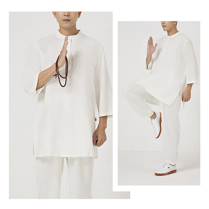 Conjunto de ropa de lino y algodón para hombre, camisa de manga tres cuartos con botones, 2 uds., Buddha Stones, pantalones superiores, meditación Zen Tai Chi